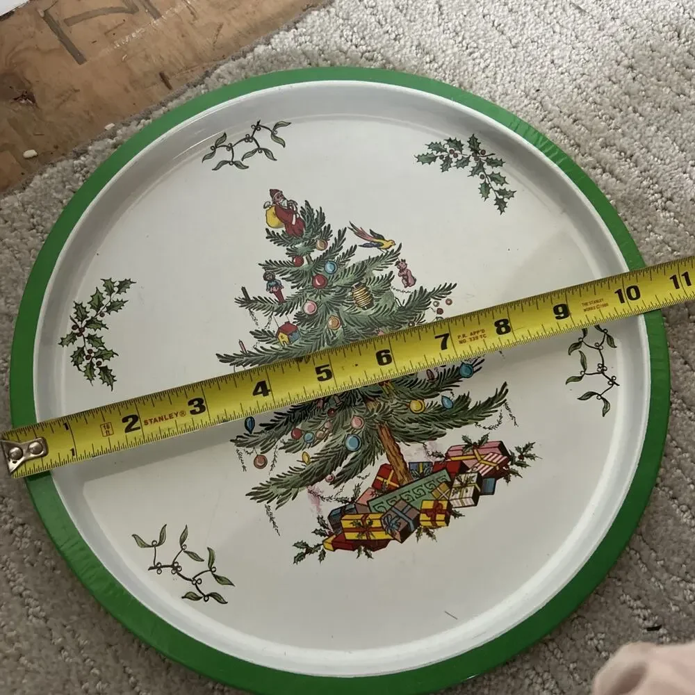 Vtg Round Xmas Metal Tin Litho Serving Tray 10.5” Christmas Tree